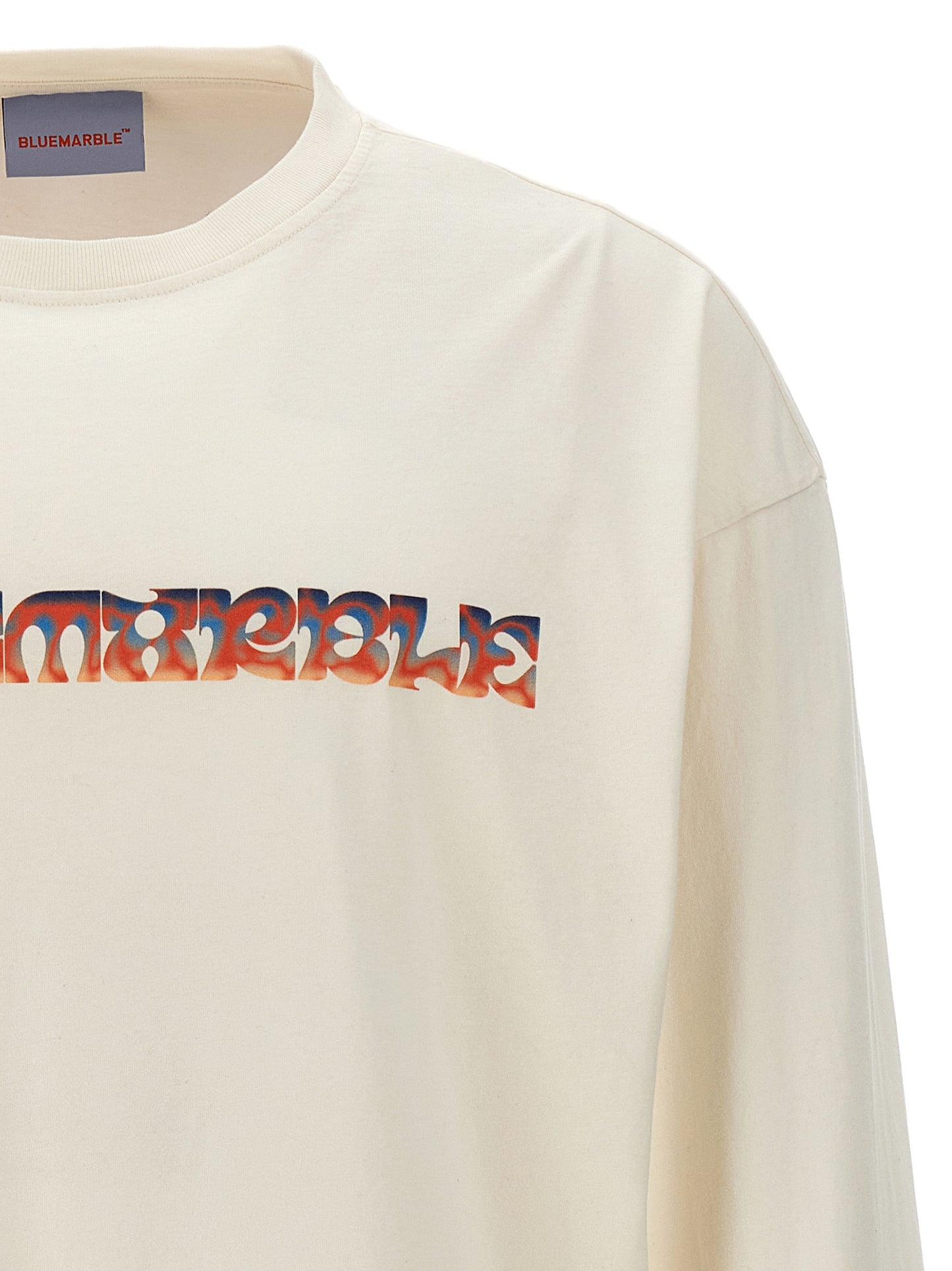Bluemarble Waves Men's Long-Sleeve Crew Neck Cotton T-Shirt - White Print