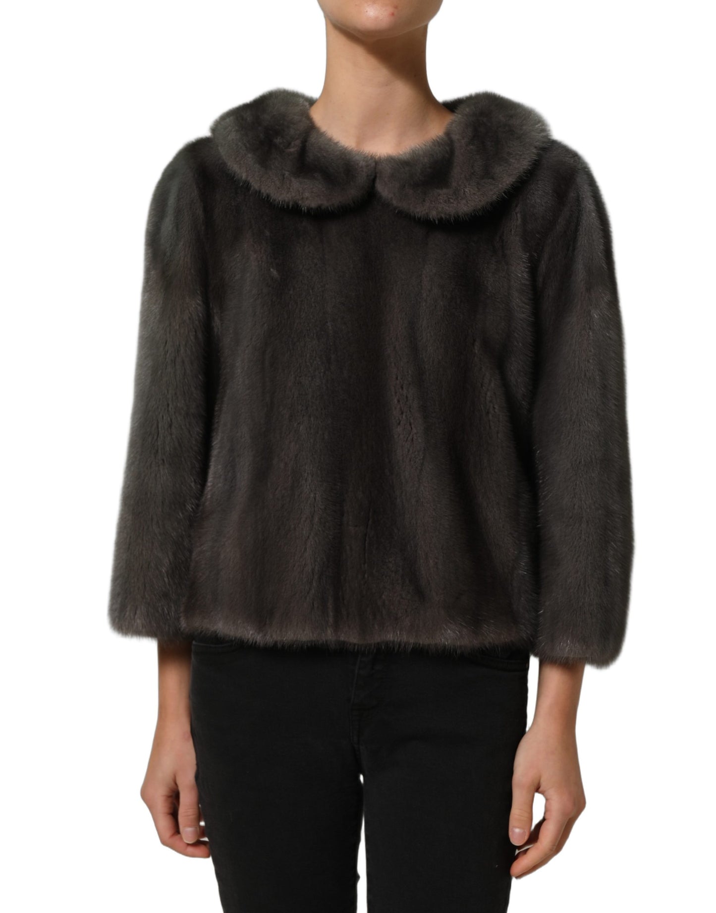 Dolce & Gabbana Dark Gray Mink Fur Round Collar Blouse Top