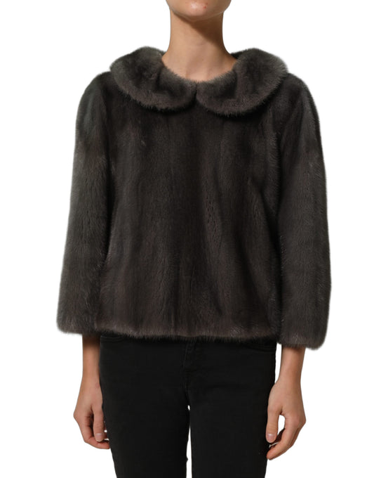 Dolce & Gabbana Dark Gray Mink Fur Round Collar Blouse Top