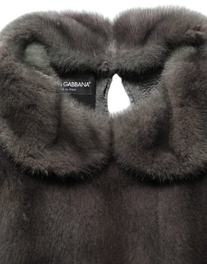 Dolce & Gabbana Dark Gray Mink Fur Round Collar Blouse Top