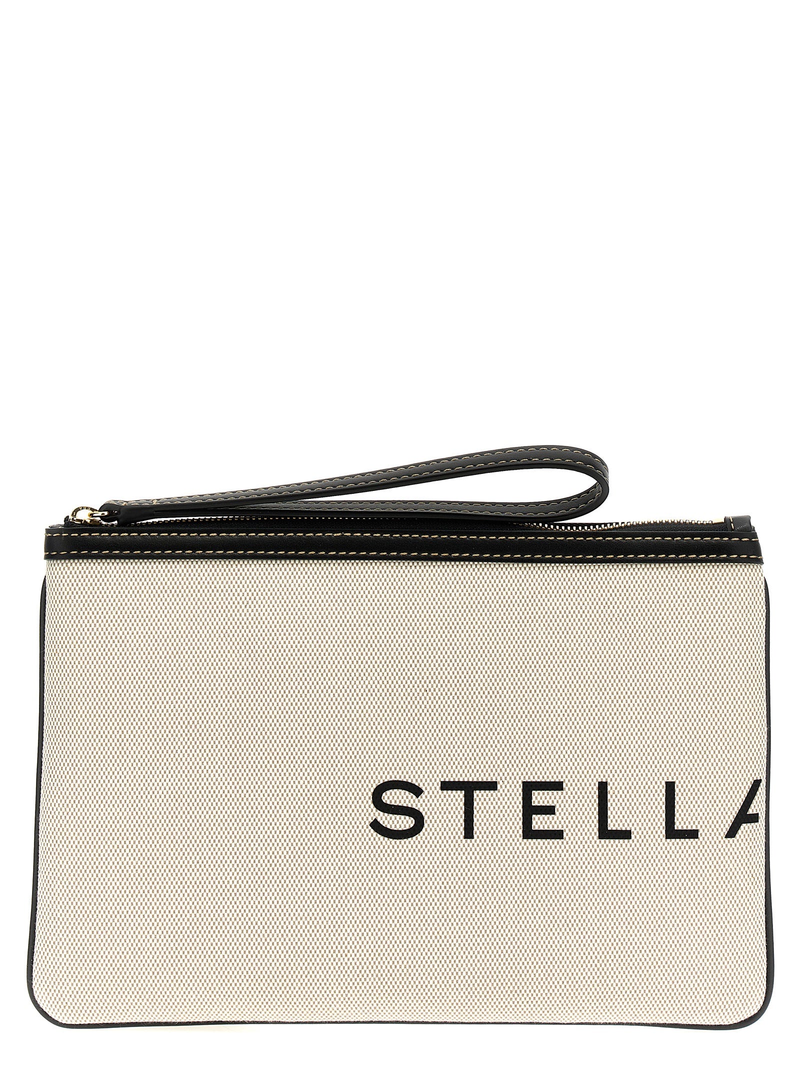 Evening Clutch Handbag by Stella McCartney for women in cotton polyester beige & print features a sculptural silhouette with a secure zipper, organized , and versatile wristlet & handle for a sculptural finish.