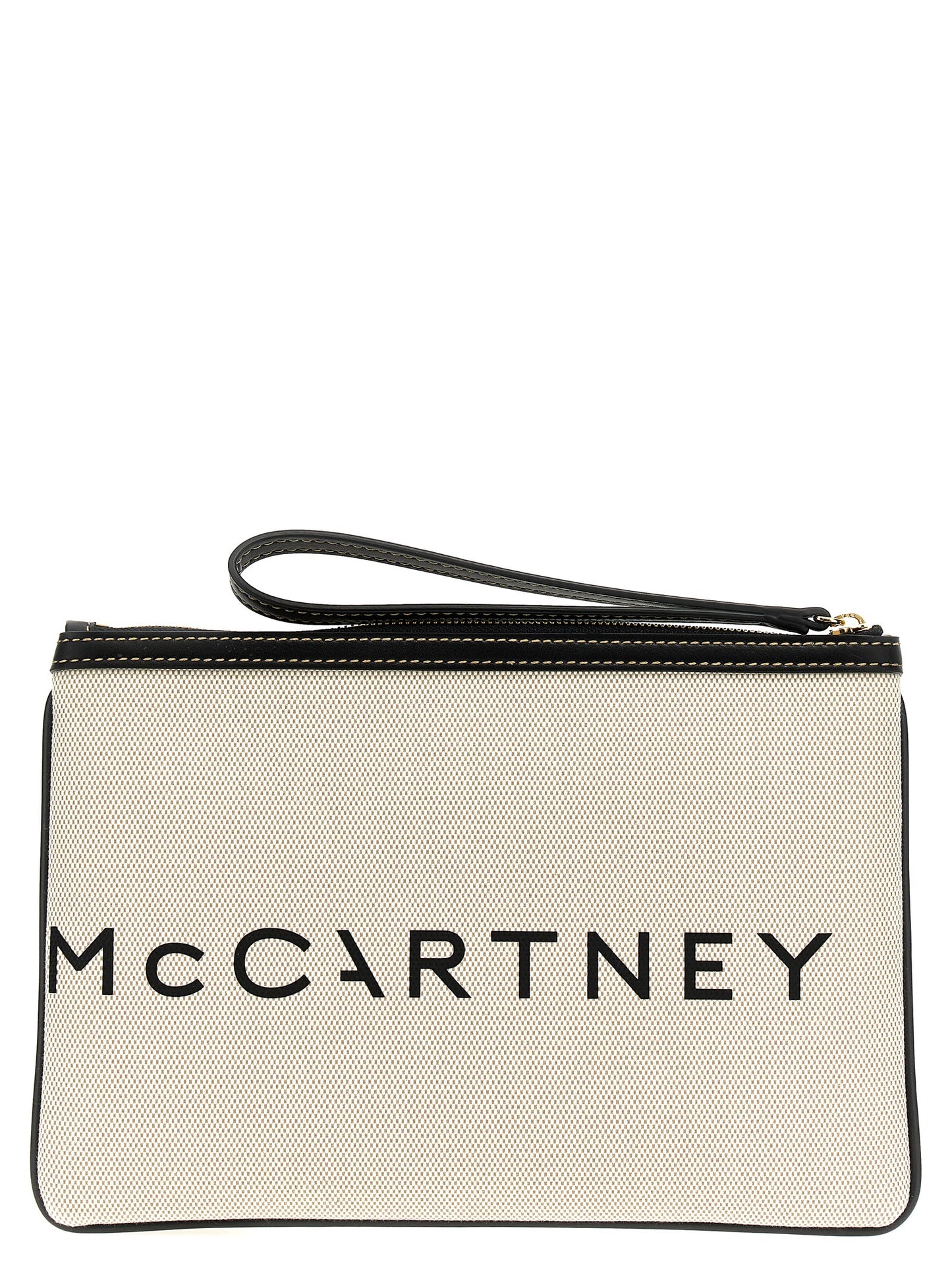 Evening Clutch Handbag by Stella McCartney for women in cotton polyester beige & print showcases a sculptural silhouette, featuring a secure zipper, ample , and versatile wristlet & handle for a sculptural finish.