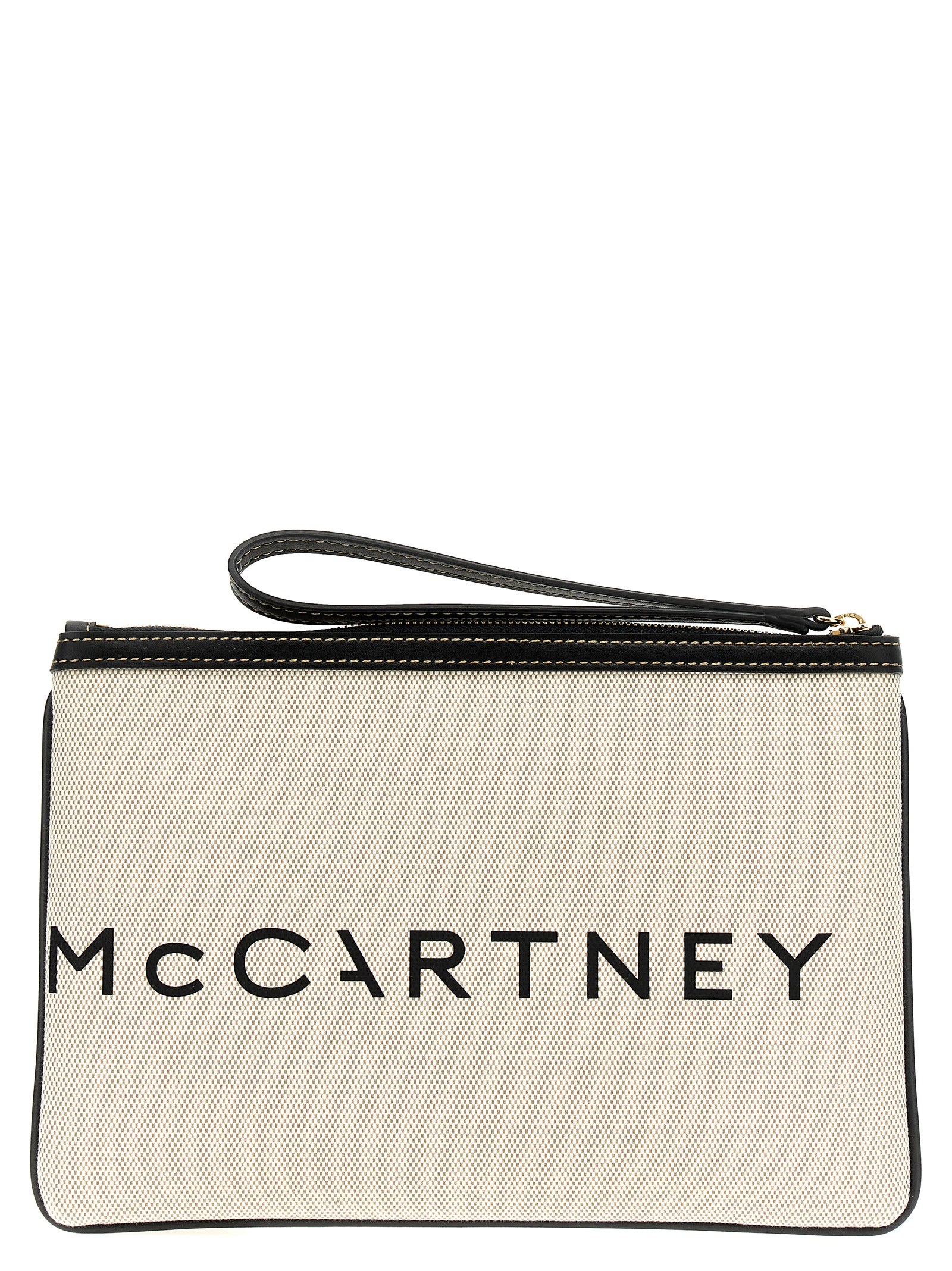 Evening Clutch Handbag by Stella McCartney for women in cotton polyester beige & print showcases a sculptural silhouette, featuring a secure zipper, ample , and versatile wristlet & handle for a sculptural finish.