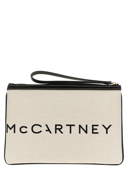Evening Clutch Handbag by Stella McCartney for women in cotton polyester beige & print showcases a sculptural silhouette, featuring a secure zipper, ample , and versatile wristlet & handle for a sculptural finish.