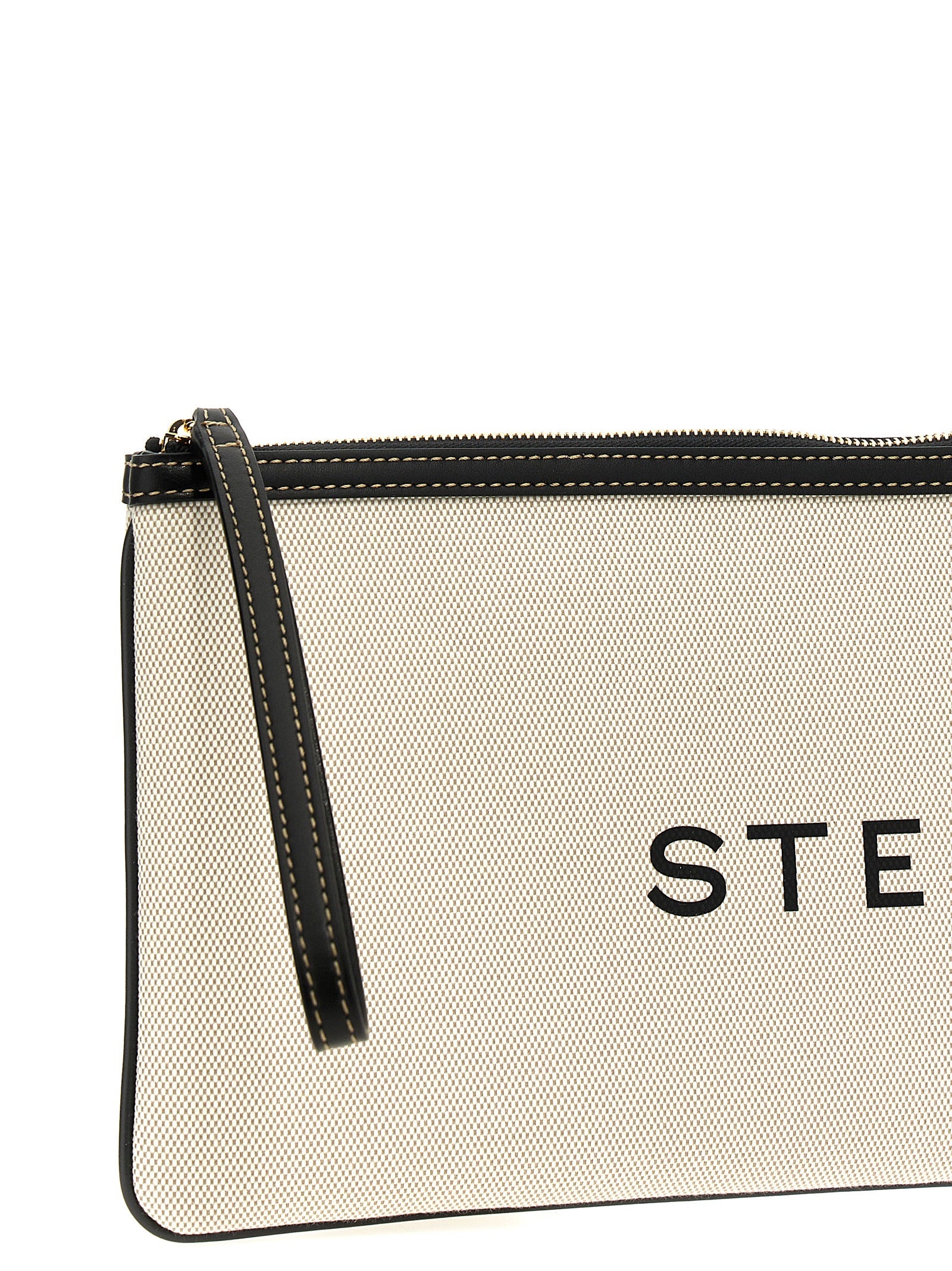 Evening Clutch Handbag by Stella McCartney for women in cotton polyester beige & print showcases a sculptural silhouette, featuring a secure zipper, ample , and versatile wristlet & handle for a sculptural aesthetic.
