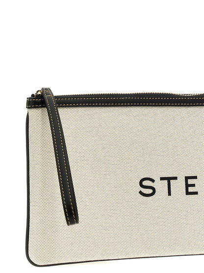 Evening Clutch Handbag by Stella McCartney for women in cotton polyester beige & print showcases a sculptural silhouette, featuring a secure zipper, ample , and versatile wristlet & handle for a sculptural aesthetic.