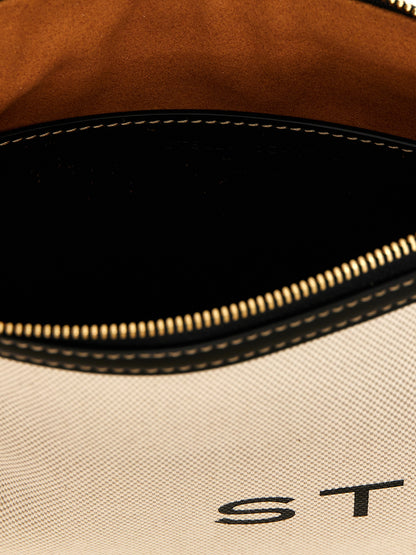 Evening Clutch Handbag by Stella McCartney for women in cotton polyester beige & print features a sculptural silhouette with a secure zipper, ample , and versatile wristlet & handle for a sculptural finish.