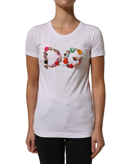 Dolce & Gabbana White DG Logo Embellished Round Neck T-shirt