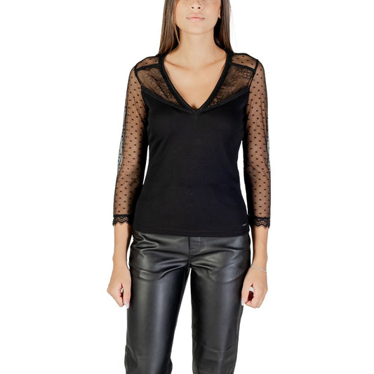 Shirt by Morgan De Toi for women in stretch polyester & viscose black & transparent showcases a sublime silhouette, artfully detailed with a sublime v-neck neckline and long-sleeve for a sophisticated, sublime finish.