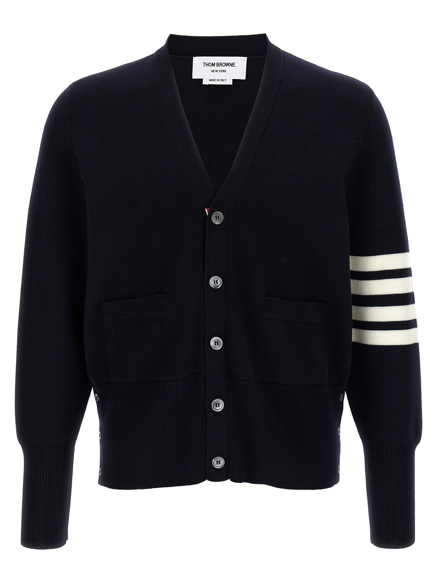 Thom Browne Ribbon Men's V Neck Virgin Wool Cardigan - Blue Jacquard Striped