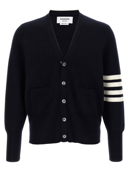 Thom Browne Ribbon Men's V Neck Virgin Wool Cardigan - Blue Jacquard Striped