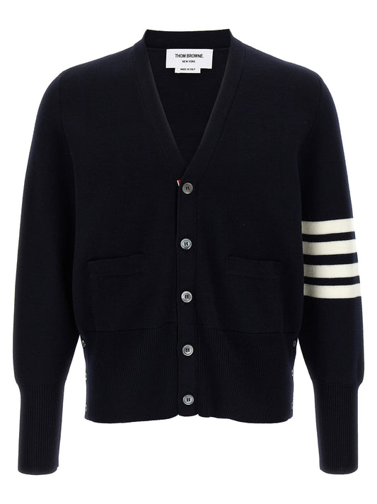 Thom Browne Ribbon Men's V Neck Virgin Wool Cardigan - Blue Jacquard Striped