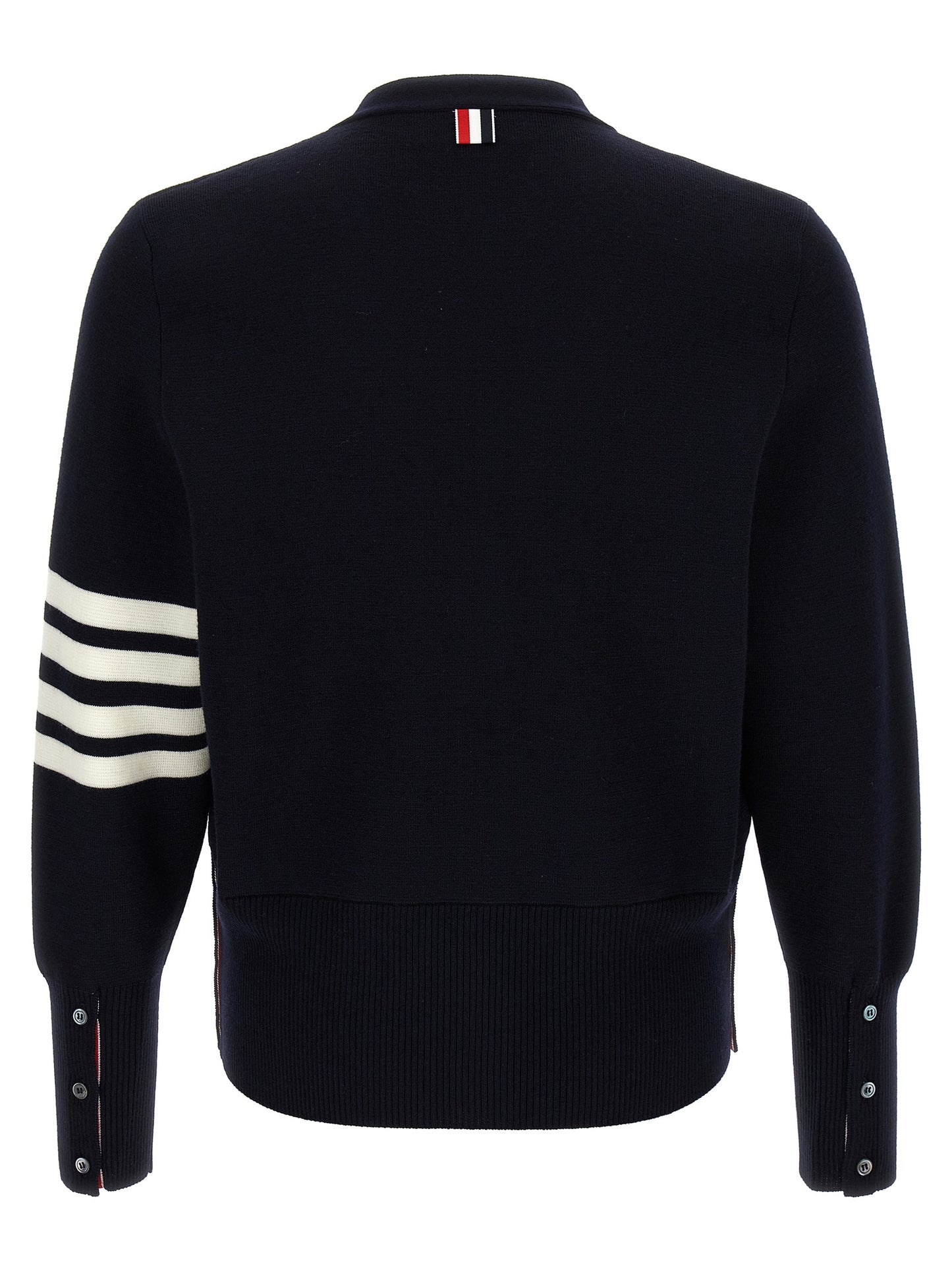 Thom Browne Ribbon Men's V Neck Virgin Wool Cardigan - Blue Jacquard Striped
