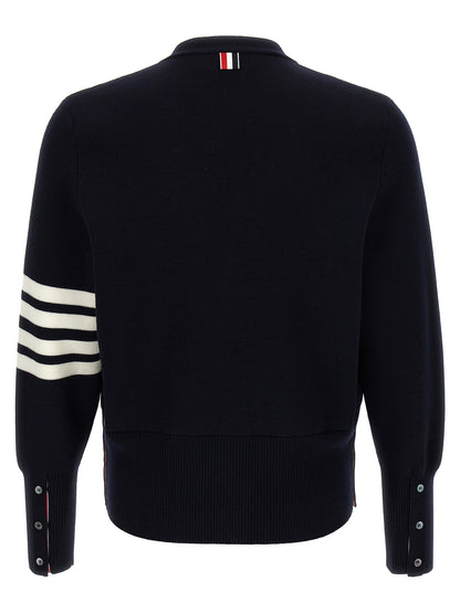 Thom Browne Ribbon Men's V Neck Virgin Wool Cardigan - Blue Jacquard Striped