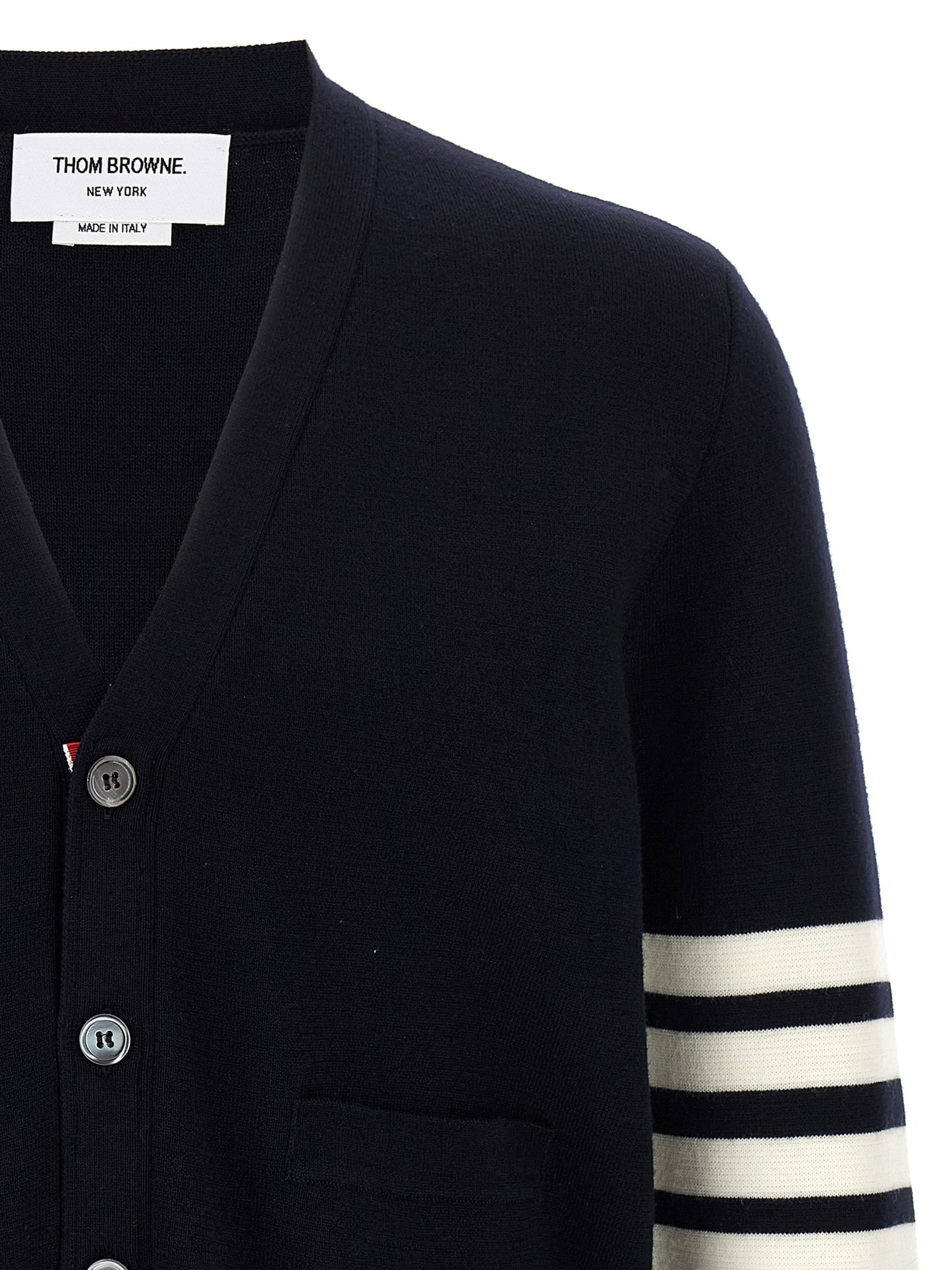 Thom Browne Ribbon Men's V Neck Virgin Wool Cardigan - Blue Jacquard Striped