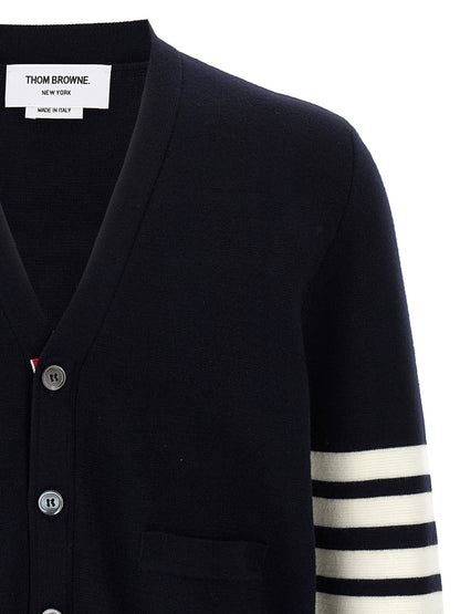 Thom Browne Ribbon Men's V Neck Virgin Wool Cardigan - Blue Jacquard Striped