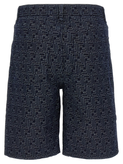 Bermuda Shorts by Fendi for men in cotton blue & jacquard presents a contemporary silhouette, showcasing a contemporary with a refined short and elegant high rise.