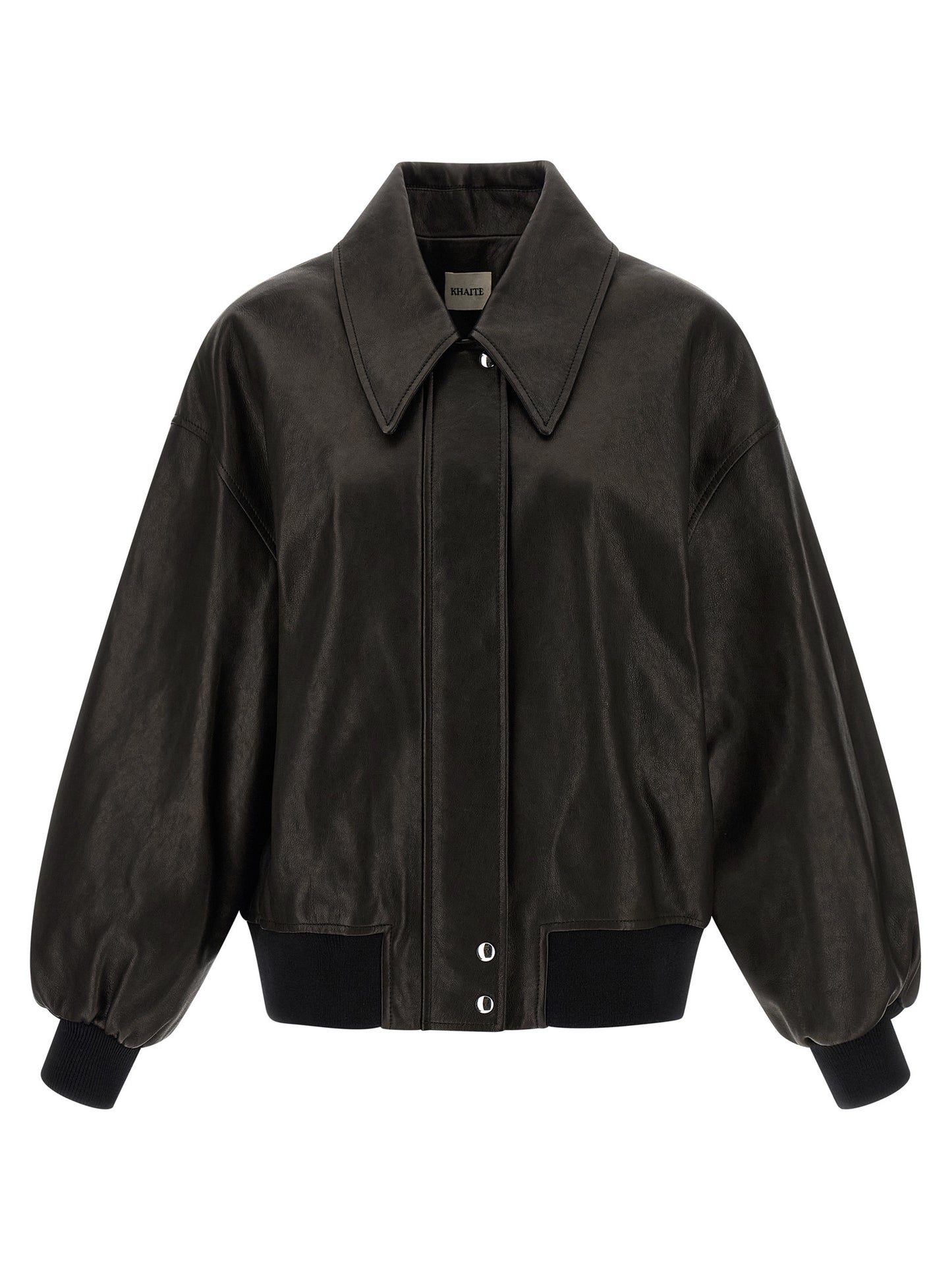 Bomber Jacket by Khaite for women in twill & lamb leather black showcases a bohemian silhouette, artfully detailed with a bohemian shirt-collar neckline and signature for a truly bohemian finish.