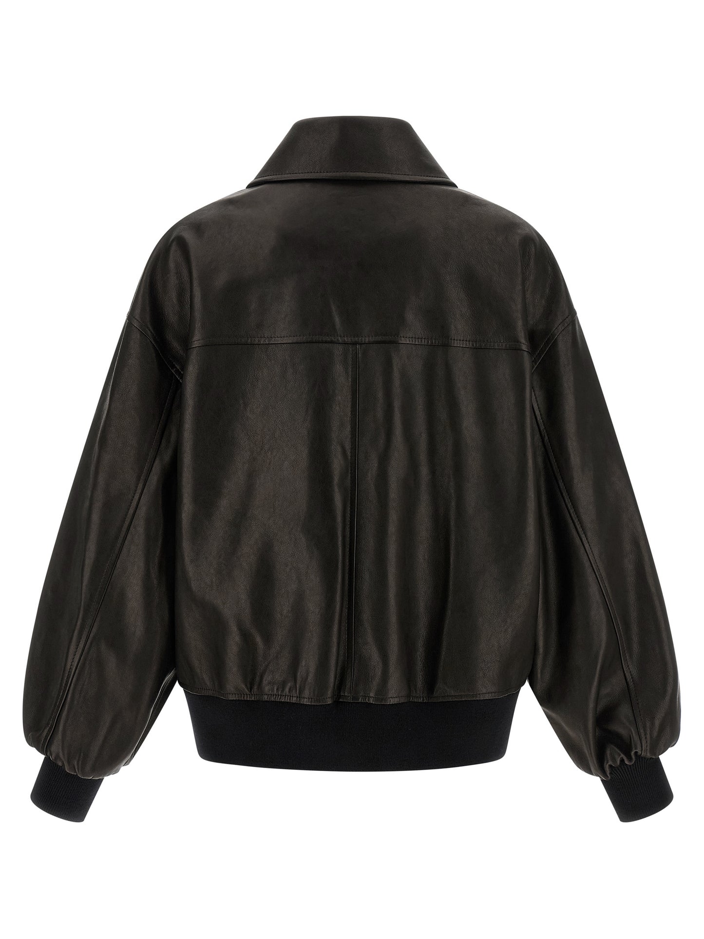 Bomber Jacket by Khaite for women in twill & lamb leather black features an on trend silhouette, showcasing refined and a sophisticated shirt-collar neckline for a truly on trend finish.