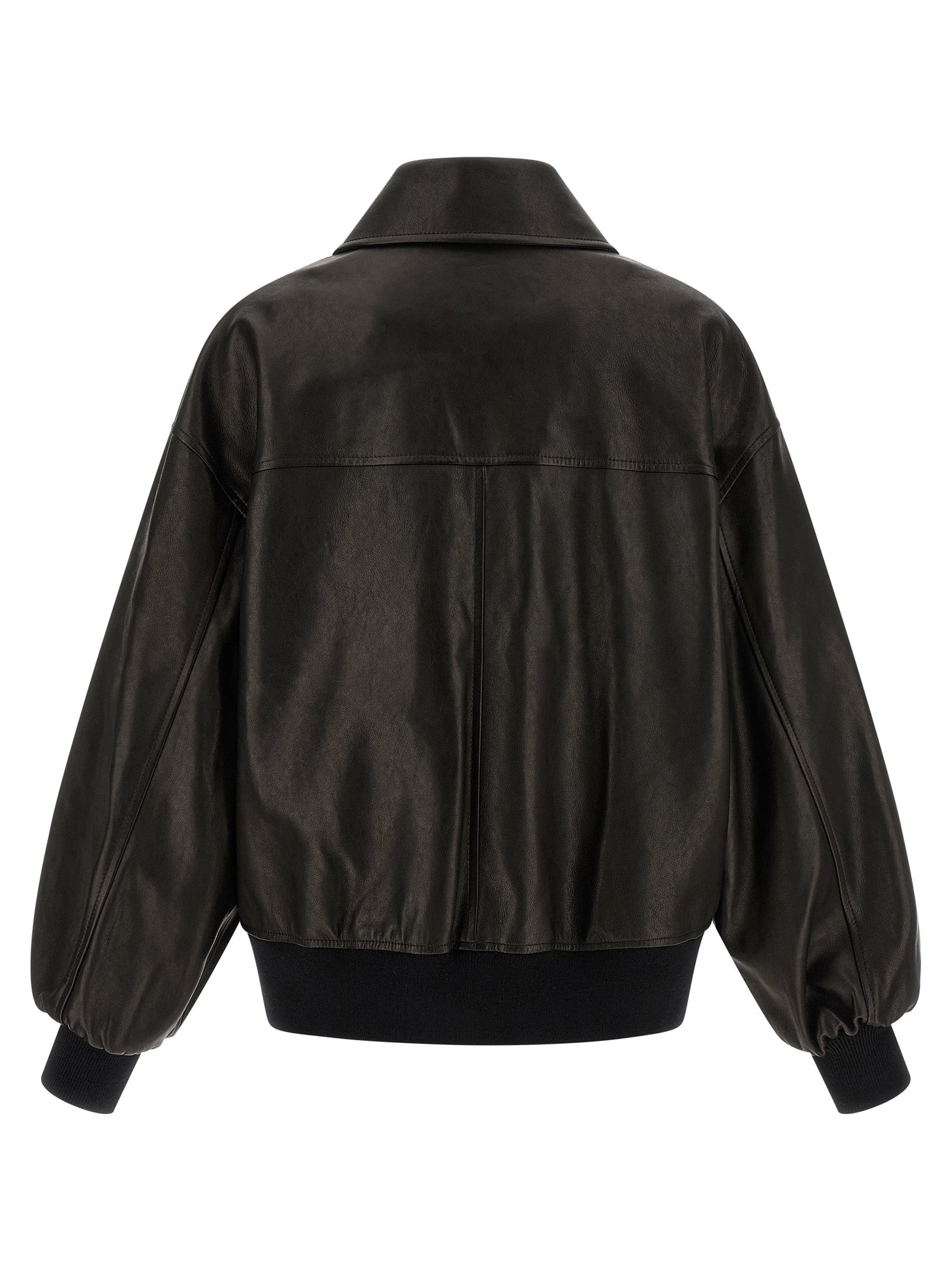 Bomber Jacket by Khaite for women in twill & lamb leather black features an on trend silhouette, showcasing refined and a sophisticated shirt-collar neckline for a truly on trend finish.