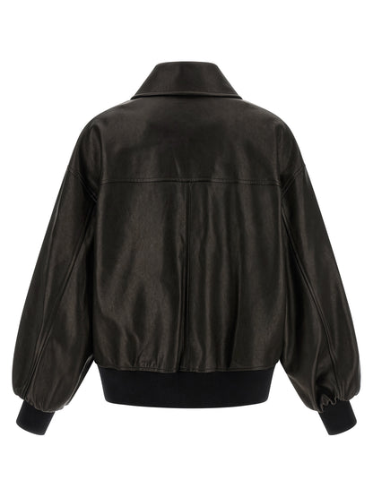 Bomber Jacket by Khaite for women in twill & lamb leather black features an on trend silhouette, showcasing refined and a sophisticated shirt-collar neckline for a truly on trend finish.
