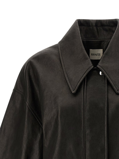 Bomber Jacket by Khaite for women in twill & lamb leather black features an on trend silhouette, showcasing refined and a sophisticated shirt-collar neckline for a truly on trend finish.