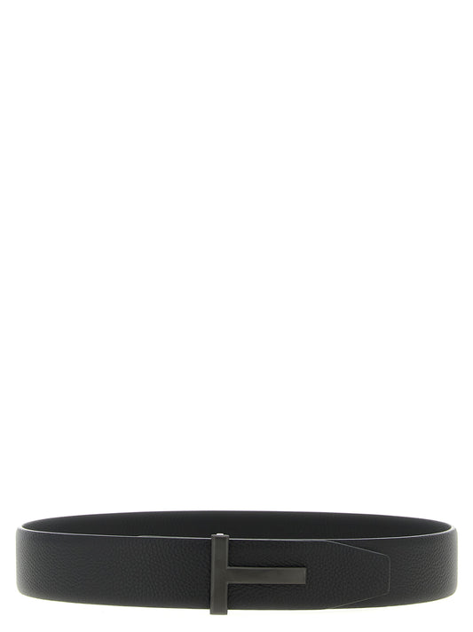 Belt by Tom Ford for men in palladium brass & calf leather black & palladium features an artisanal finish, elegantly showcasing the signature style and artisanal craftsmanship of the Icon Palladium Brass & Calf Leather Belt design.