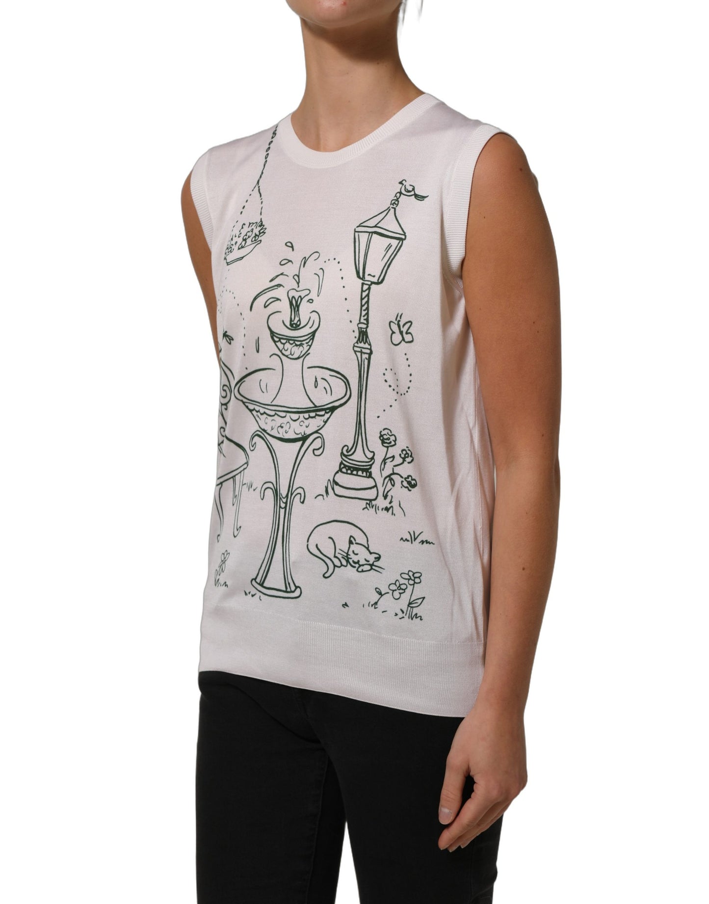 Dolce & Gabbana White Silk Knit Garden Fountain Print Tank Top