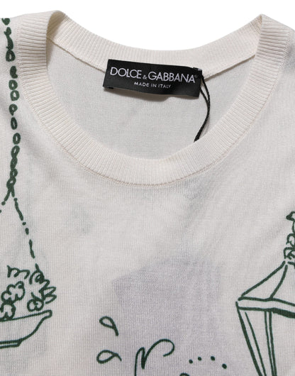 Dolce & Gabbana White Silk Knit Garden Fountain Print Tank Top
