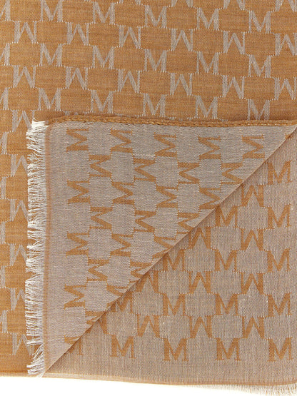 Scarf by Max Mara for women in cotton silk & wool brown, patterned, jacquard & monogram presents a effortlessly chic silhouette, artfully capturing the essence of the effortlessly chic Cotton Silk & Wool Foulard Stole Wrap Fringes Scarf design for a sophisticated look.