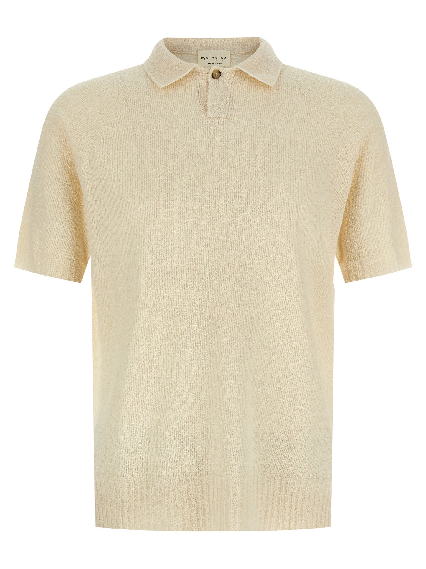 Polo Shirt by MA'RY'YA for men in polyamide modacrylic & cotton beige presents a sleek silhouette, featuring a refined wrap neckline and short-sleeve for a sleek finish.