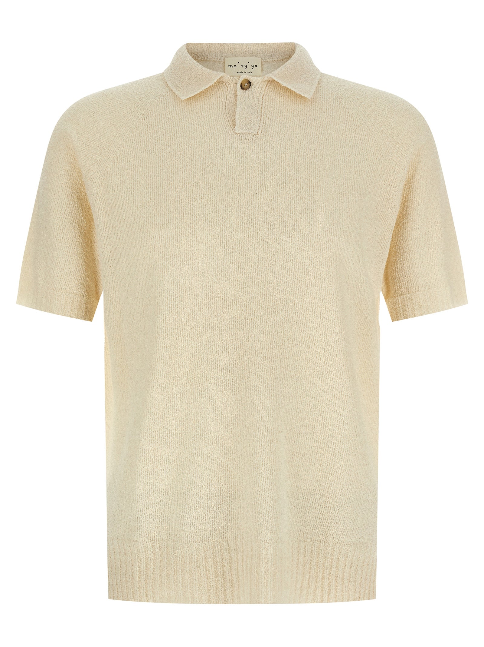 Polo Shirt by MA'RY'YA for men in polyamide modacrylic & cotton beige presents a sleek silhouette, featuring a refined wrap neckline and short-sleeve for a sleek finish.
