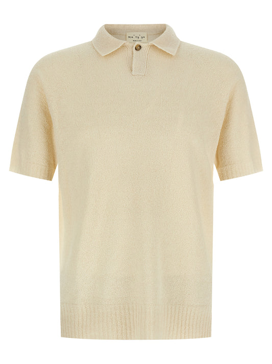 Polo Shirt by MA'RY'YA for men in polyamide modacrylic & cotton beige presents a sleek silhouette, featuring a refined wrap neckline and short-sleeve for a sleek finish.