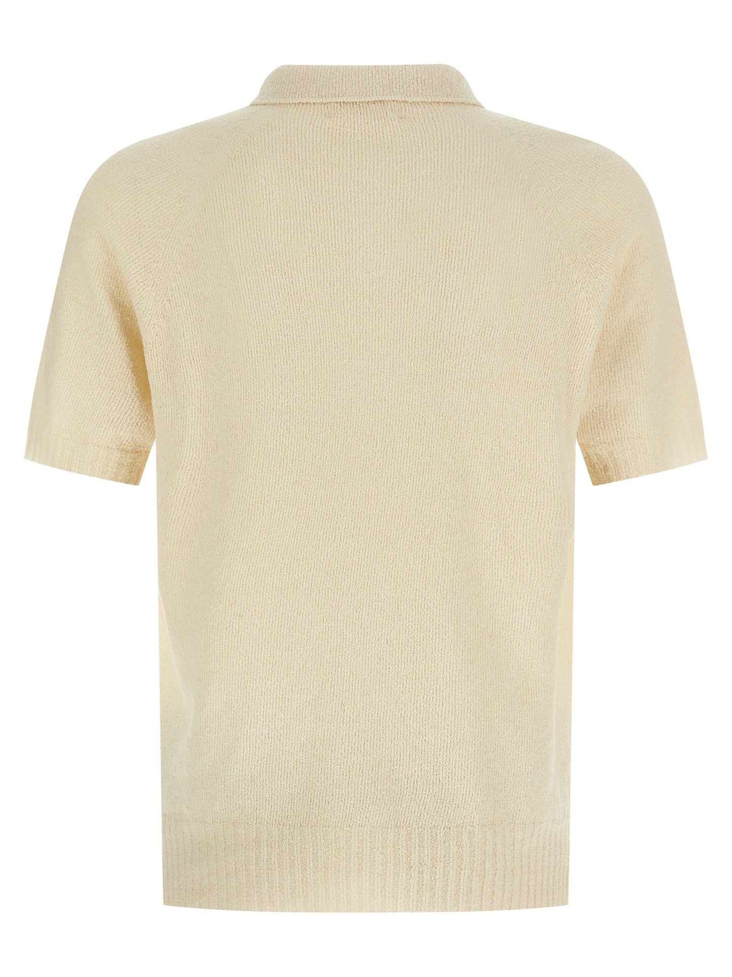 Polo Shirt by MA'RY'YA for men in polyamide modacrylic & cotton beige showcases a sharp silhouette, detailed with a refined wrap neckline and sharp for a sophisticated finish.