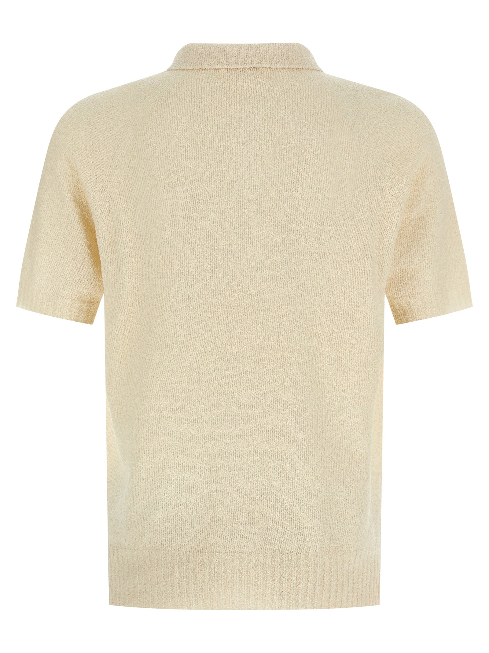 Polo Shirt by MA'RY'YA for men in polyamide modacrylic & cotton beige showcases a sharp silhouette, detailed with a refined wrap neckline and sharp for a sophisticated finish.