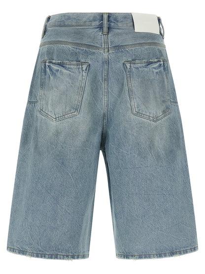Denim Shorts by PURPLE for men in denim cotton light-blue & purple features an utilitarian chic wide with a short and , creating a utilitarian chic silhouette perfect for elevated casual styling.