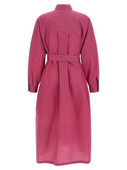 Dress by Max Mara for women in cotton & silk purple & striped features an sultry silhouette defined by a and , falling to an sultry long for a sultry look.