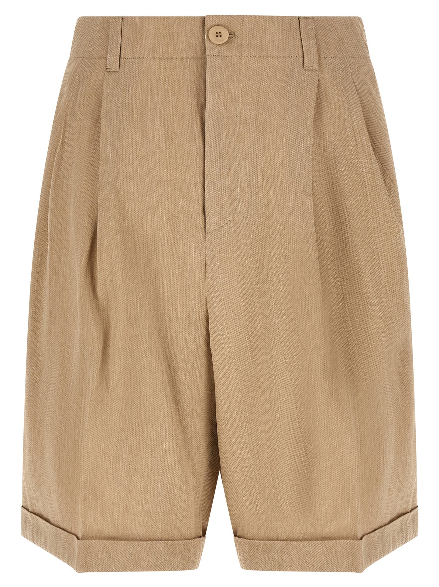 Bermuda Shorts by Jacquemus for men in linen polyamide & viscose beige, patterned & chevron features an tailored silhouette, showcasing a tailored wide with a short and mid rise for a sophisticated look.