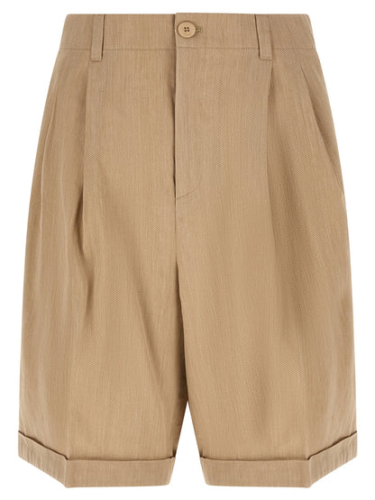 Bermuda Shorts by Jacquemus for men in linen polyamide & viscose beige, patterned & chevron features an tailored silhouette, showcasing a tailored wide with a short and mid rise for a sophisticated look.