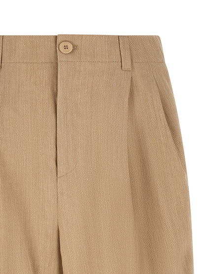 Bermuda Shorts by Jacquemus for men in linen polyamide & viscose beige, patterned & chevron presents a contemporary silhouette, showcasing a contemporary wide with a refined short and elegant mid rise.