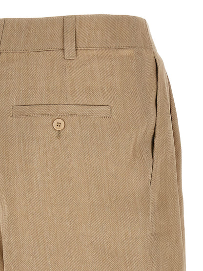 Bermuda Shorts by Jacquemus for men in linen polyamide & viscose beige, patterned & chevron features an tailored silhouette, showcasing a tailored wide with a short and mid rise for a sophisticated look.