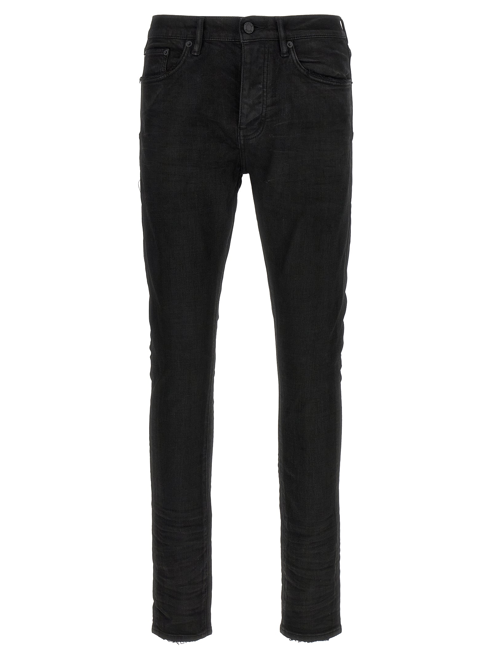 Jeans by PURPLE for men in stretch denim cotton & resin black, purple & signature features an sartorial tapered-leg and long with a low rise cut for a sartorial finish.