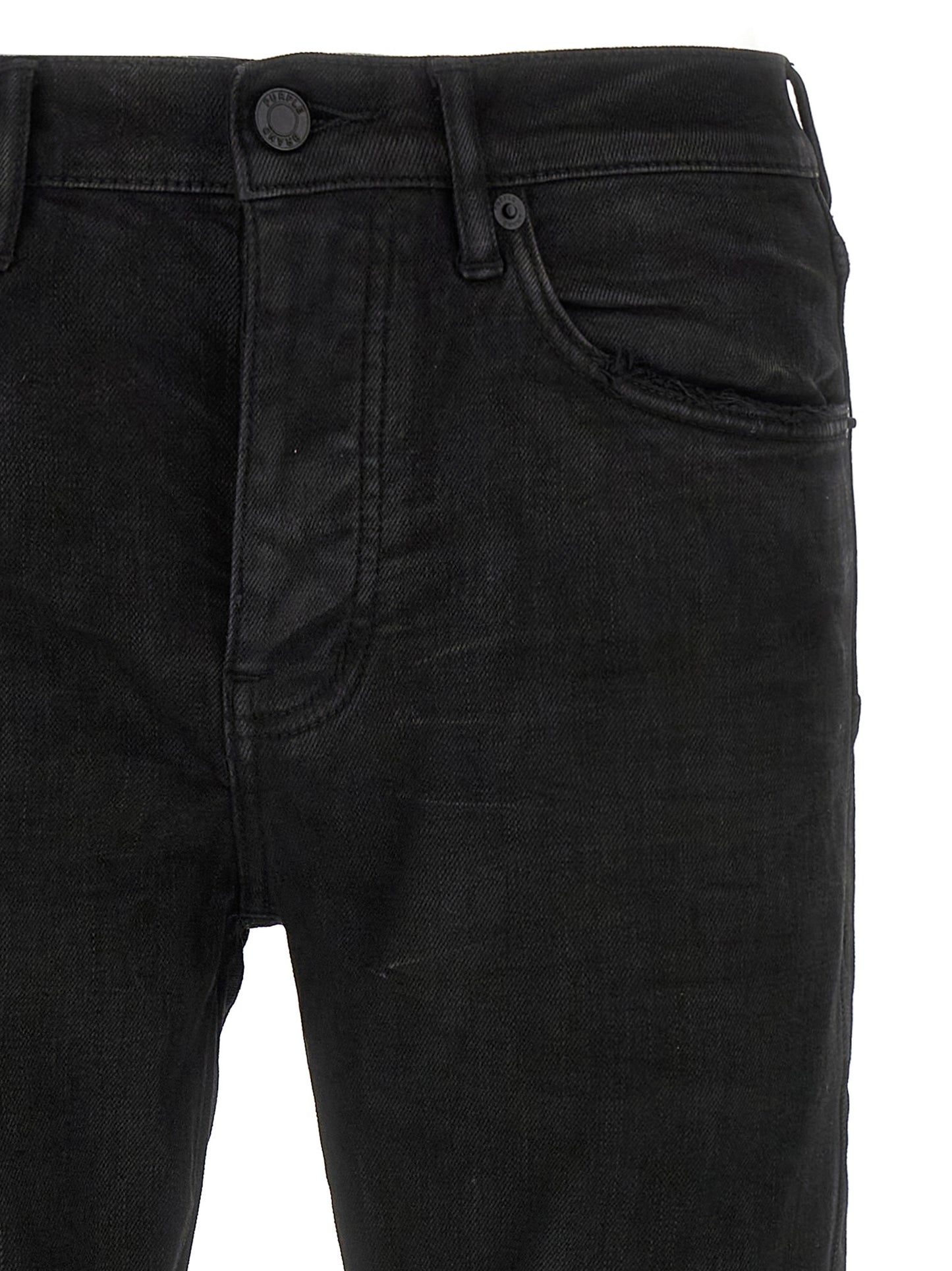 Jeans by PURPLE for men in stretch denim cotton & resin black, purple & signature presents a tailored silhouette, showcasing a tailored tapered-leg and long cut with a refined low rise for a truly tailored aesthetic.