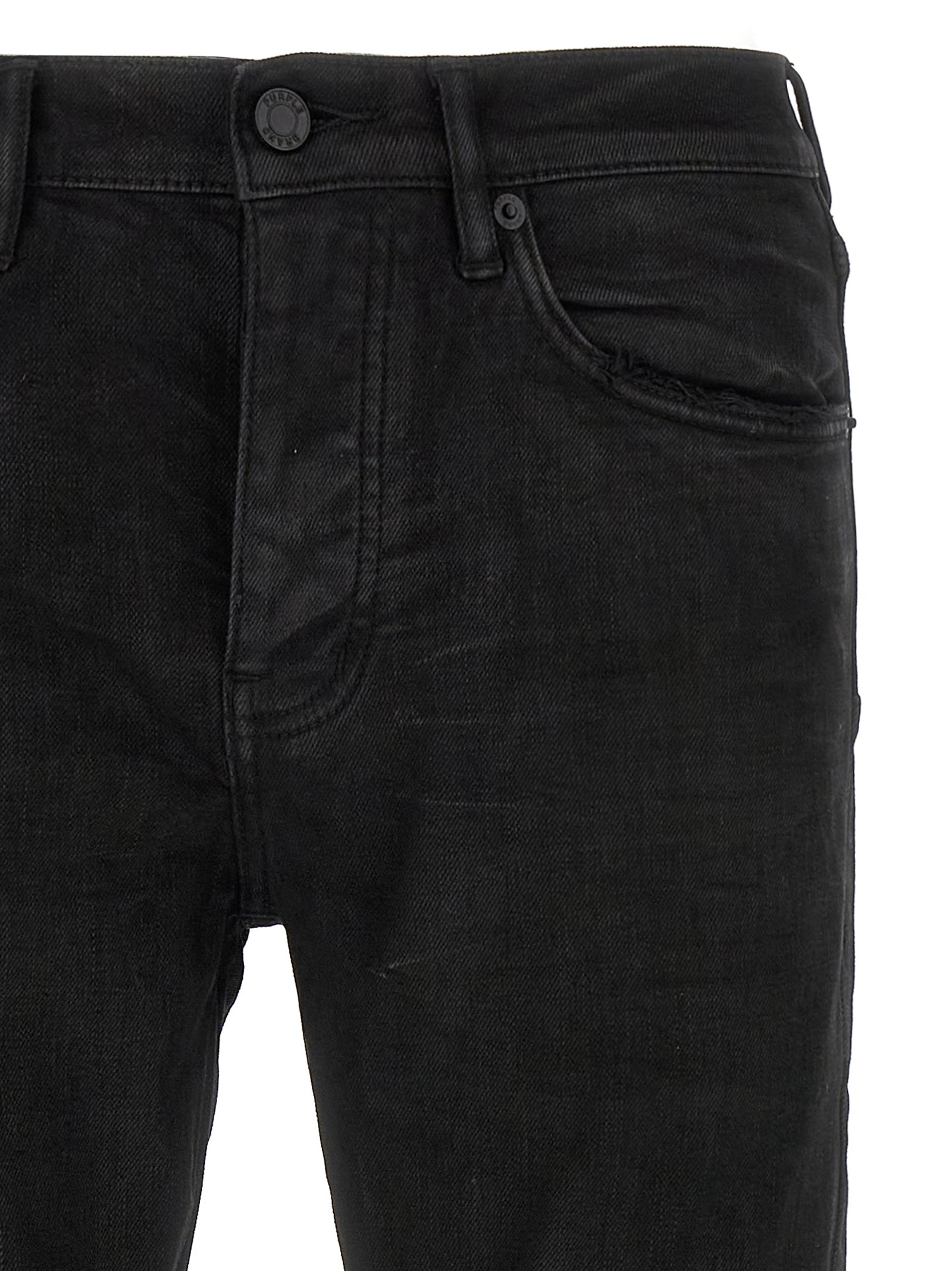 Jeans by PURPLE for men in stretch denim cotton & resin black, purple & signature presents a tailored silhouette, showcasing a tailored tapered-leg and long cut with a refined low rise for a truly tailored aesthetic.