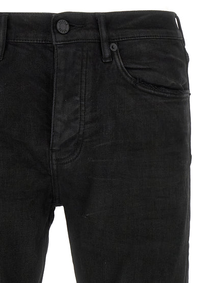Jeans by PURPLE for men in stretch denim cotton & resin black, purple & signature presents a tailored silhouette, showcasing a tailored tapered-leg and long cut with a refined low rise for a truly tailored aesthetic.