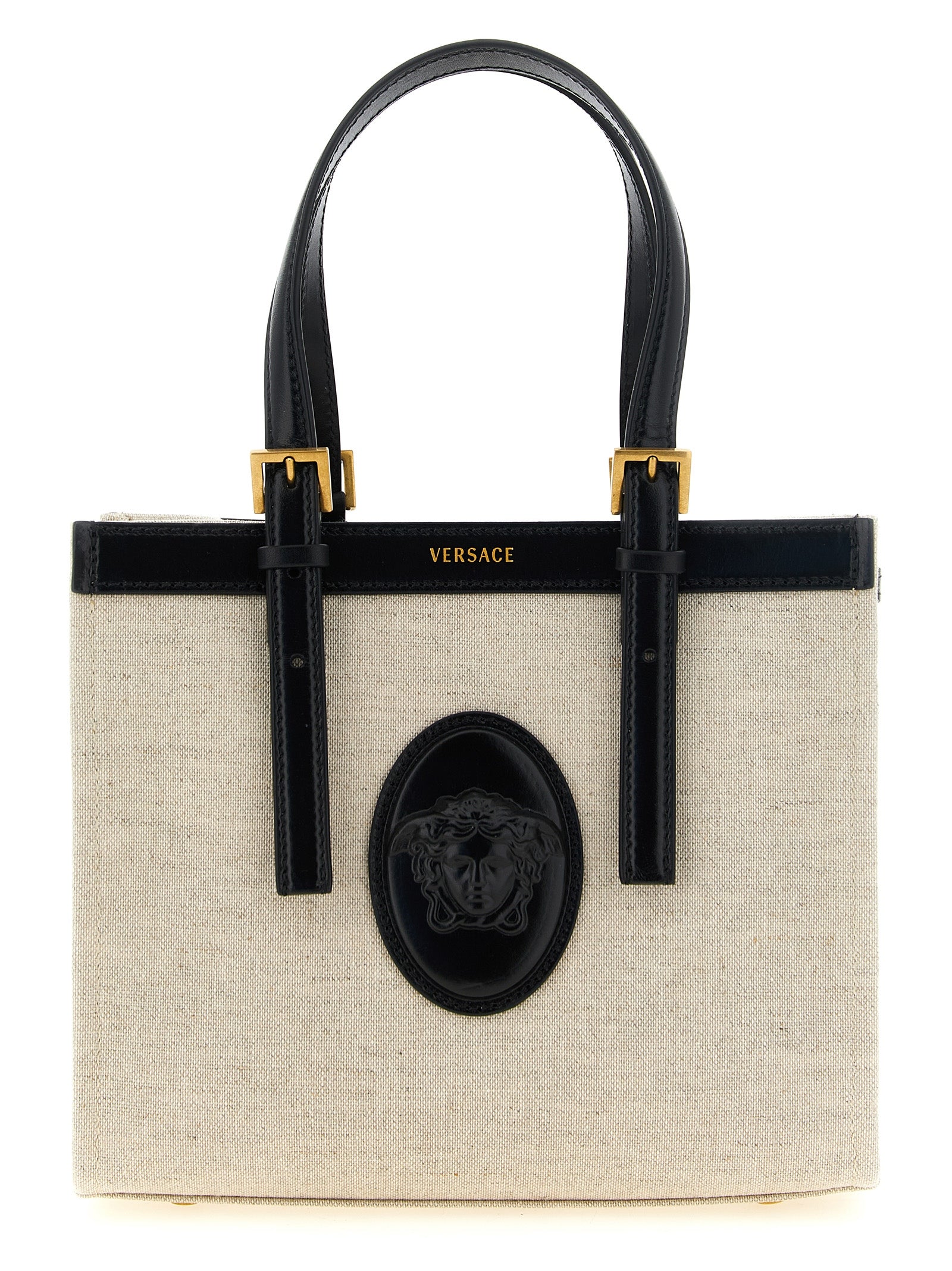 Mini Crossbody Satchel Tote Bag by Versace for women in suede calfskin leather & cotton canvas beige & print features a urban sophisticate Crisp Medusa Riviere Suede Calfskin Leather & Cotton Canvas Mini Crossbody Satchel Tote Bag design with a secure snap & button, ample , and versatile crossbody-strap, shoulder-strap, adjustable-strap & handle for a urban sophisticate finish.