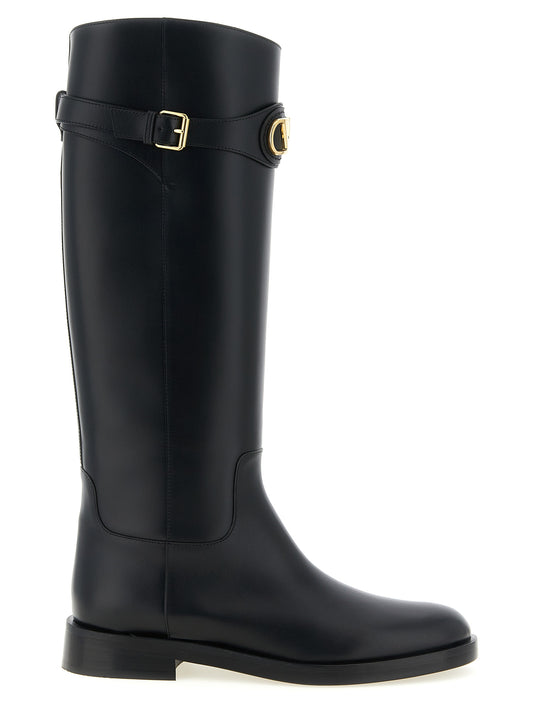 Over-The-Knee Strap Boots by Valentino Garavani for women in calfskin leather black & signature showcases a impeccable silhouette as Icon V Logo Women's Calfskin Leather Over-The-Knee Strap Boots, artfully defined by a impeccable and a impeccable almond toe style.
