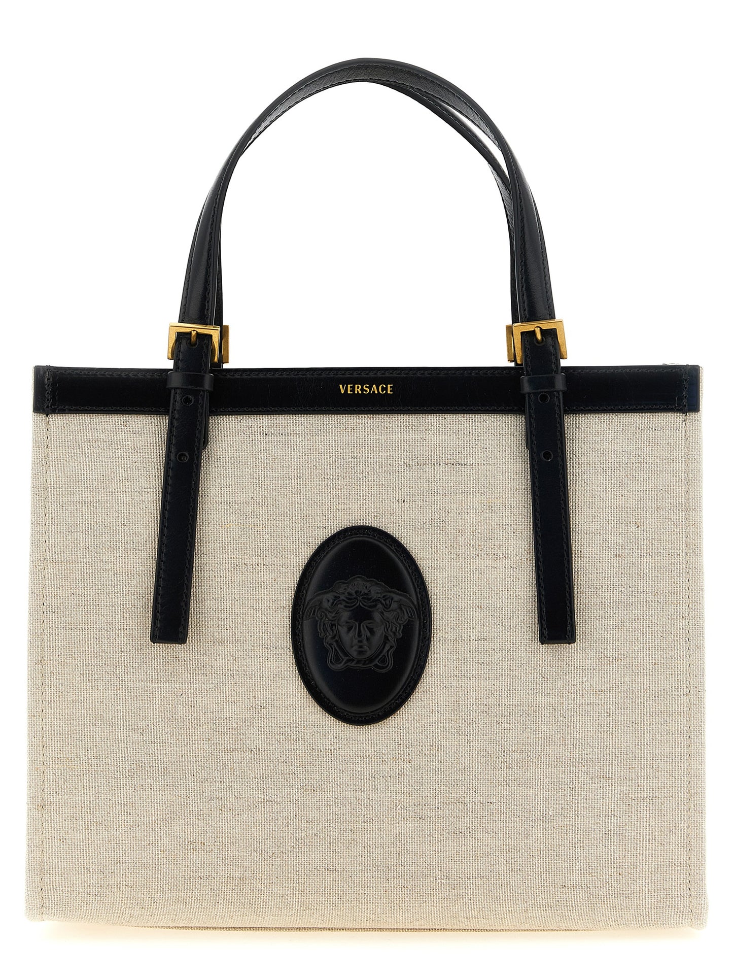 Medium Shopper Tote Bag by Versace for women in suede calfskin leather & cotton canvas beige & print showcases a urban-chic Medusa Riviere Suede Calfskin Leather & Cotton Canvas Medium Shopper Tote Bag design, featuring a secure , ample built-in-compartments, and versatile shoulder-strap, handle & adjustable-strap for a urban-chic finish.