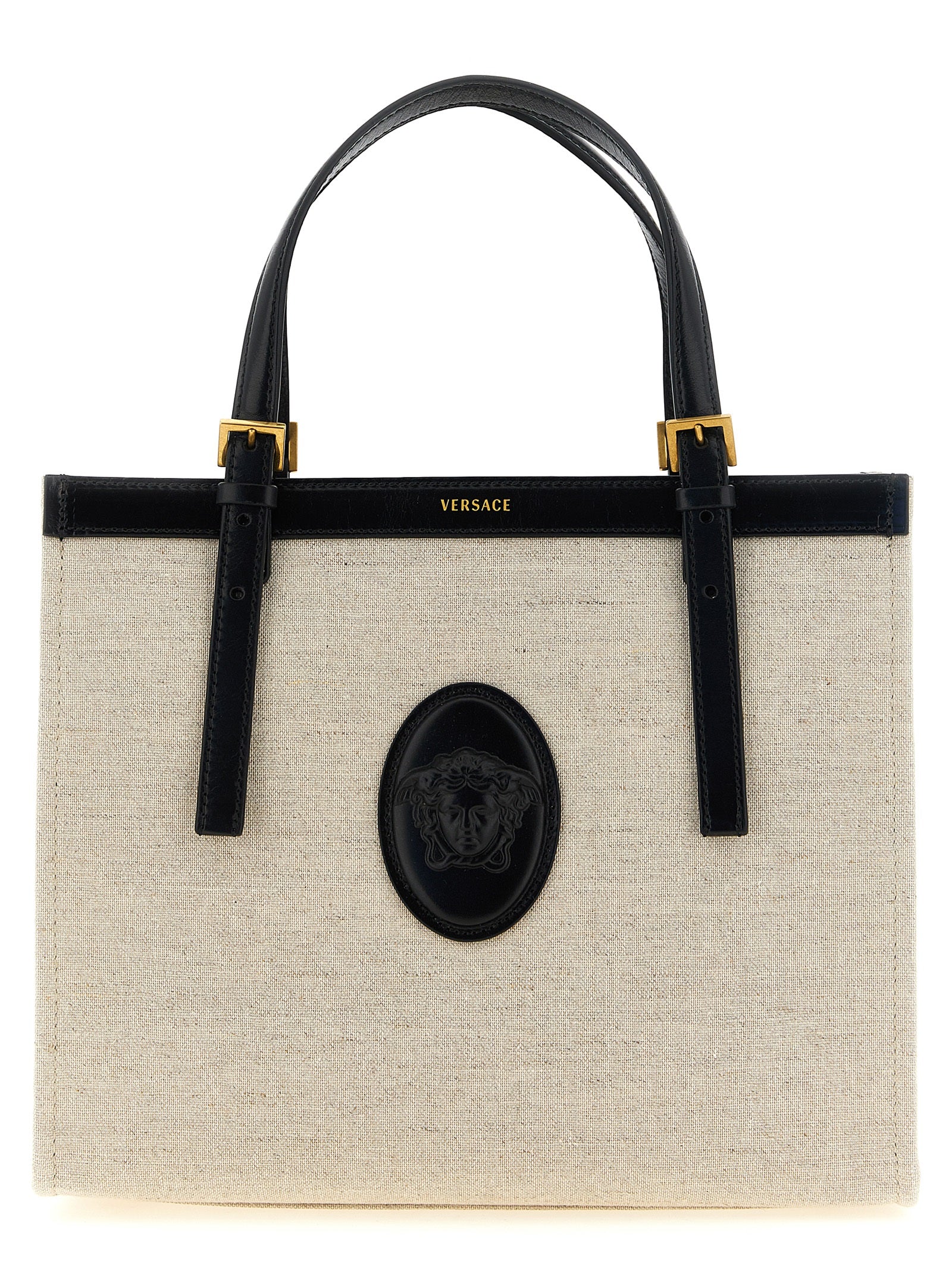 Medium Shopper Tote Bag by Versace for women in suede calfskin leather & cotton canvas beige & print showcases a urban-chic Medusa Riviere Suede Calfskin Leather & Cotton Canvas Medium Shopper Tote Bag design, featuring a secure , ample built-in-compartments, and versatile shoulder-strap, handle & adjustable-strap for a urban-chic finish.