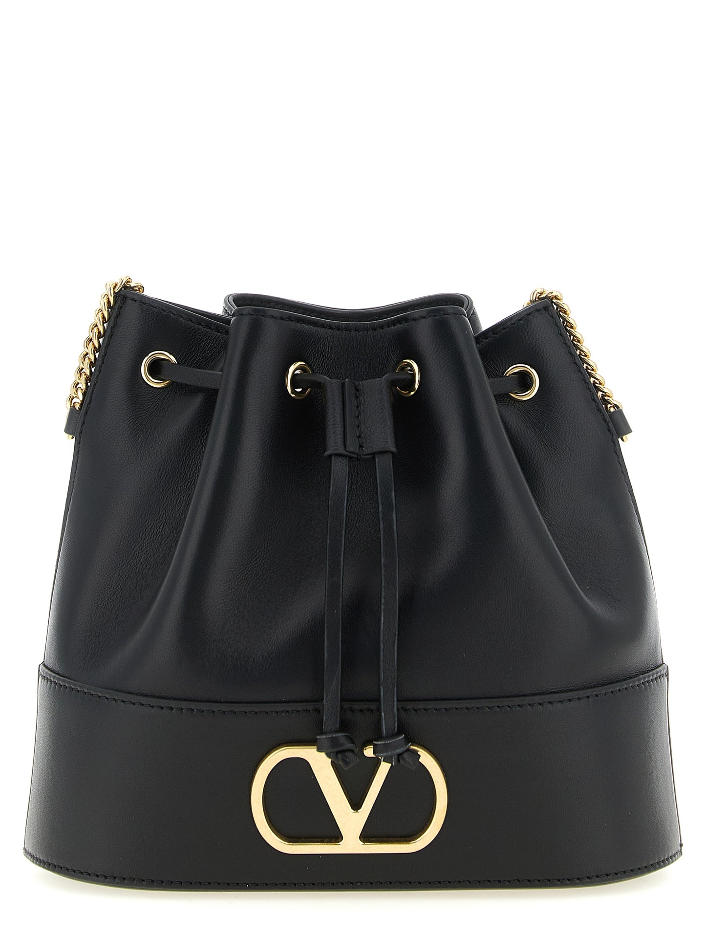 Crossbody Bucket Handbag by Valentino Garavani for women in lamb leather black & signature features a transformative sophistication silhouette, showcasing a secure drawstring, ample , and versatile crossbody-strap & shoulder-strap for a transformative sophistication look.